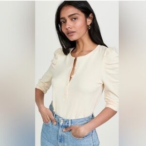 REBECCA MINKOFF top XS Puff Sleeve Blouse in Cream Janine Knit Henley